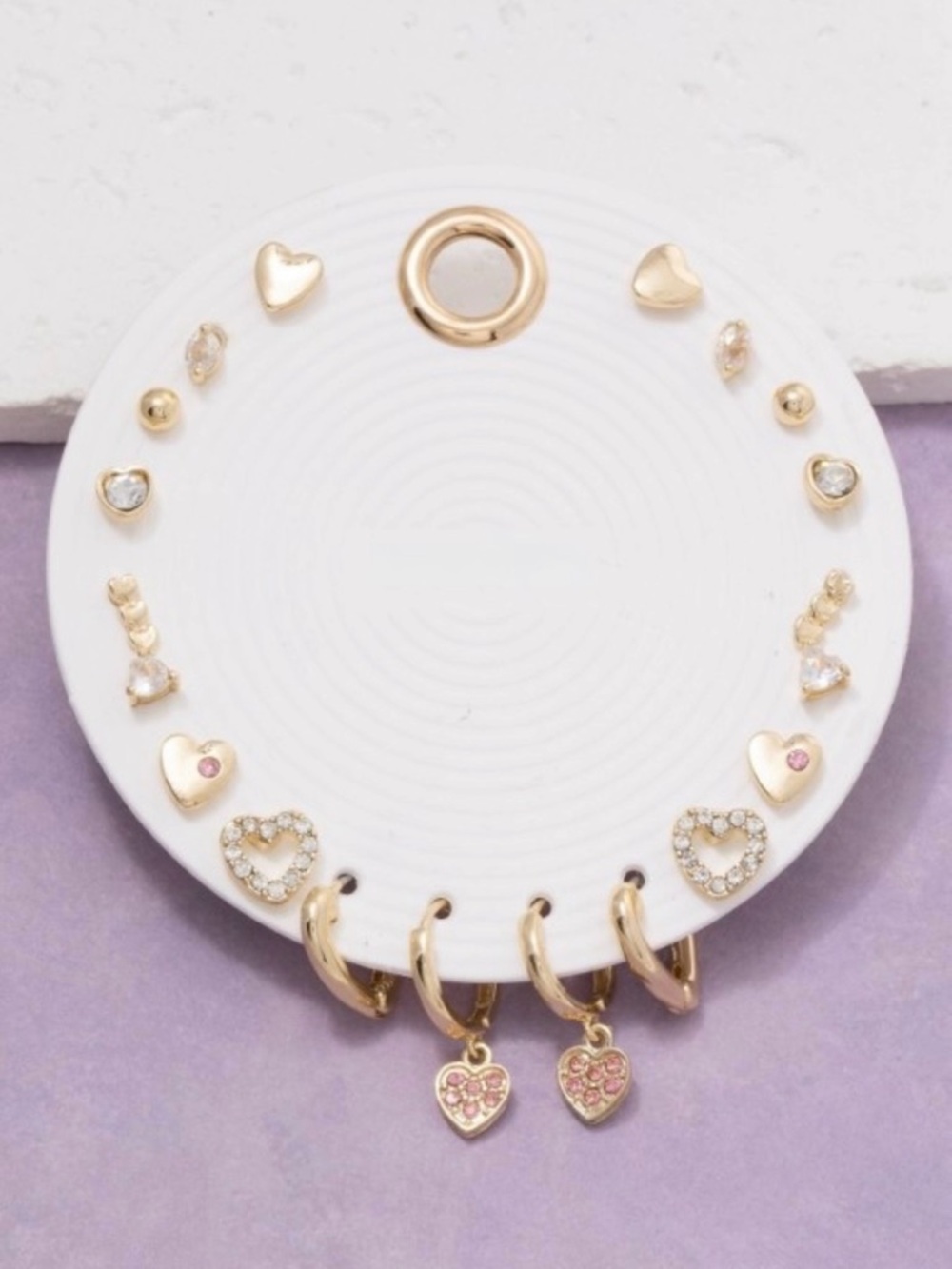 Gold-Tone Heart Stud & Hoop Earring Set with Pink Accents